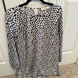 Womens Loft white with black hearts dress with ruffle at bottom. Long sleeves.